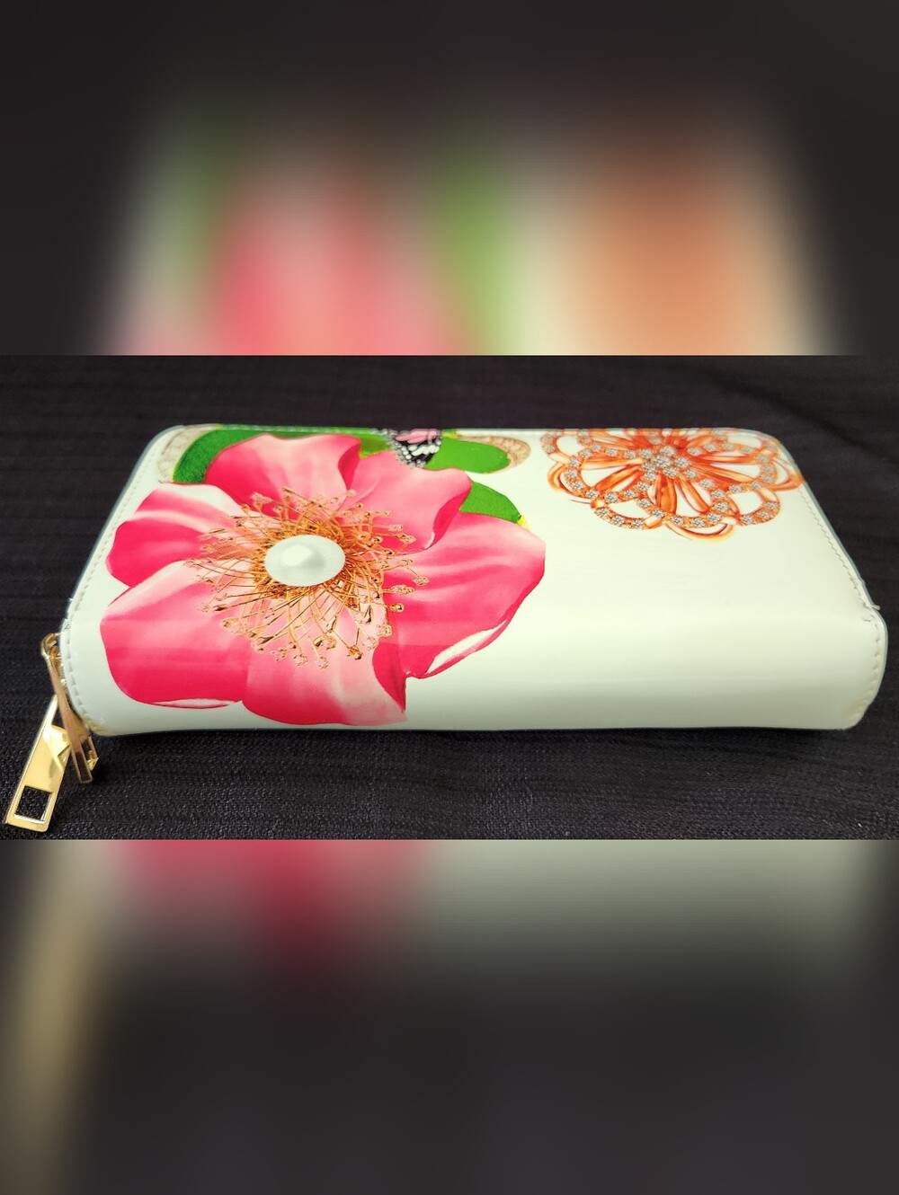 Floral Butterfly Print Double Zip Around Wallet White Patent Faux Leather Clutch - Picture 12 of 16